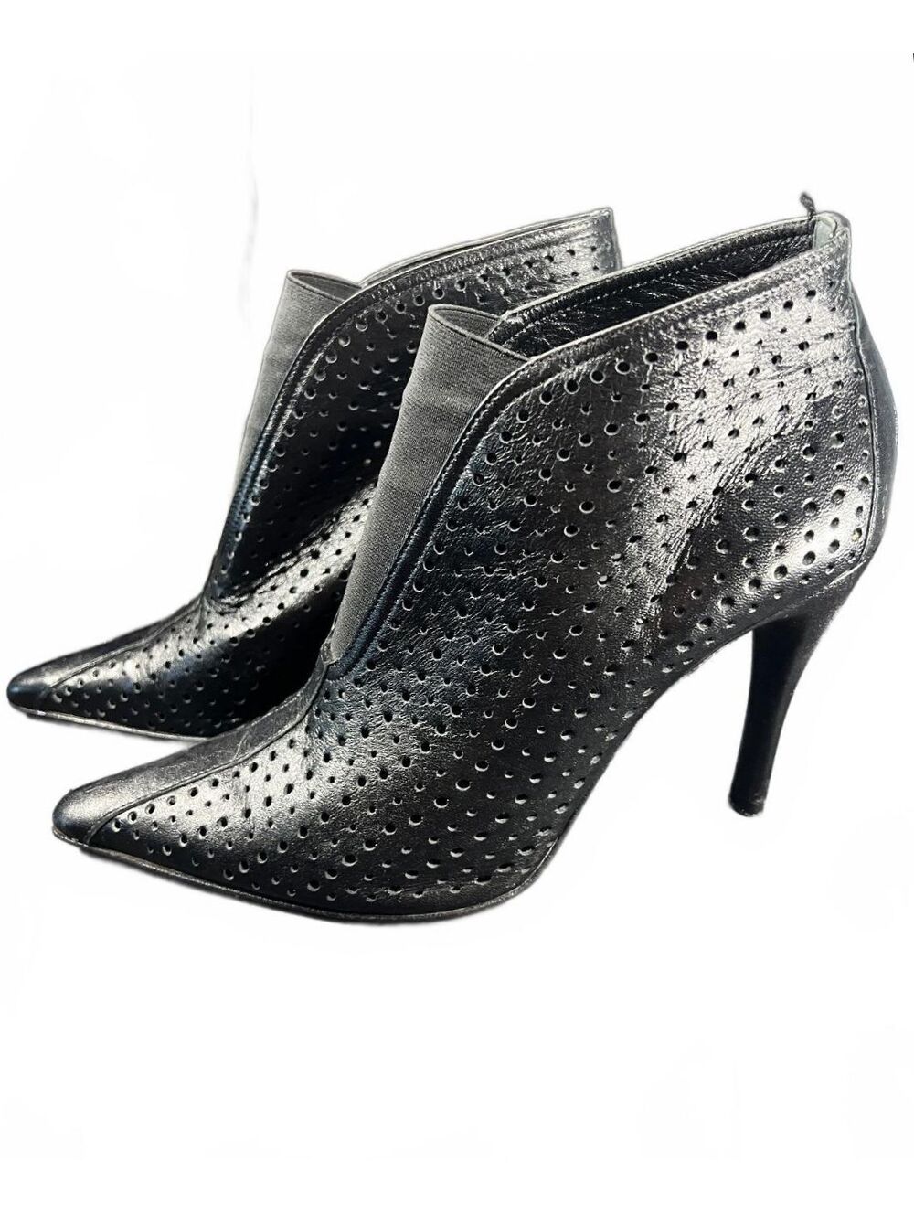 Vintage BCBGMAXAZRIA Black Perforated Leather Ankle Bootie Heels 8.5 B Italy